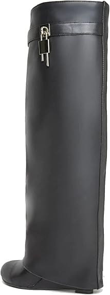 Fold Over Knee High Covered Wedge Heel  Party Boots-Black
