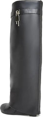 Fold Over Knee High Covered Wedge Heel  Party Boots-Black