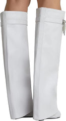 Fold Over Knee High Covered Wedge Heel  Party Boots-White