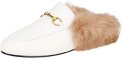 Fur Comfortable Leather Buckle Mules-White Fur