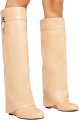 Fold Over Knee High Covered Wedge Heel  Party Boots-Apricot