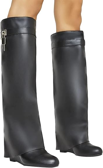 Fold Over Knee High Covered Wedge Heel  Party Boots-Black