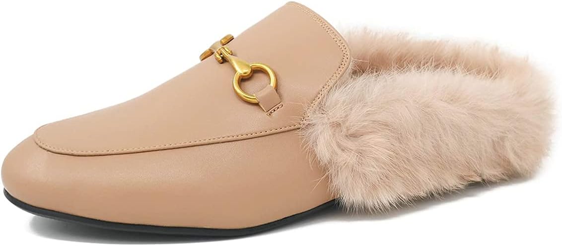 Fur Comfortable Leather Buckle Mules- Beige Fur