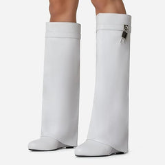 Fold Over Knee High Covered Wedge Heel  Party Boots-White