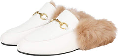 Fur Comfortable Leather Buckle Mules-White Fur