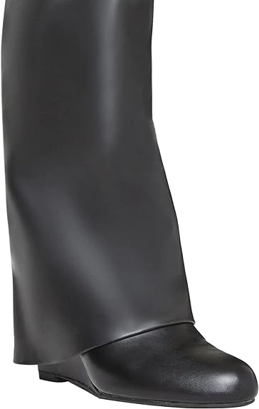 Fold Over Knee High Covered Wedge Heel  Party Boots-Black