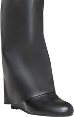 Fold Over Knee High Covered Wedge Heel  Party Boots-Black