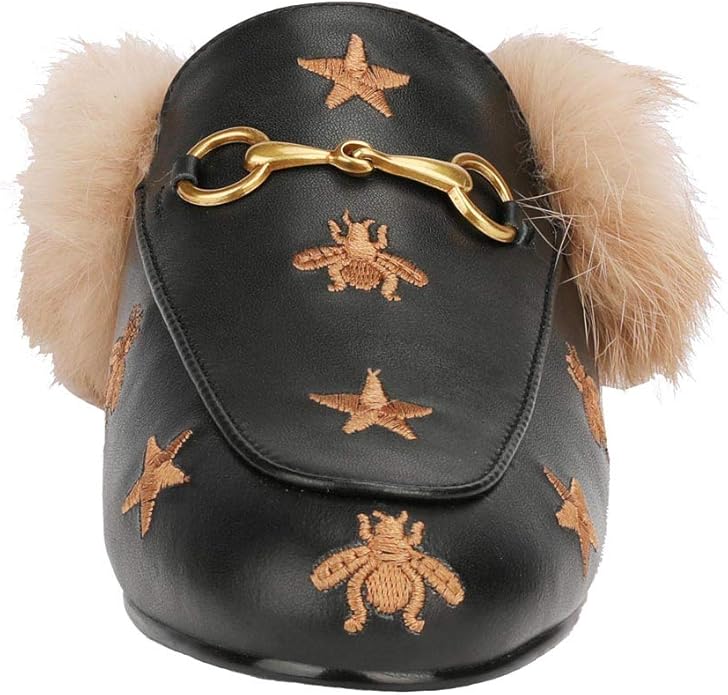 Fur Comfortable Leather Buckle Mules- Black Stars