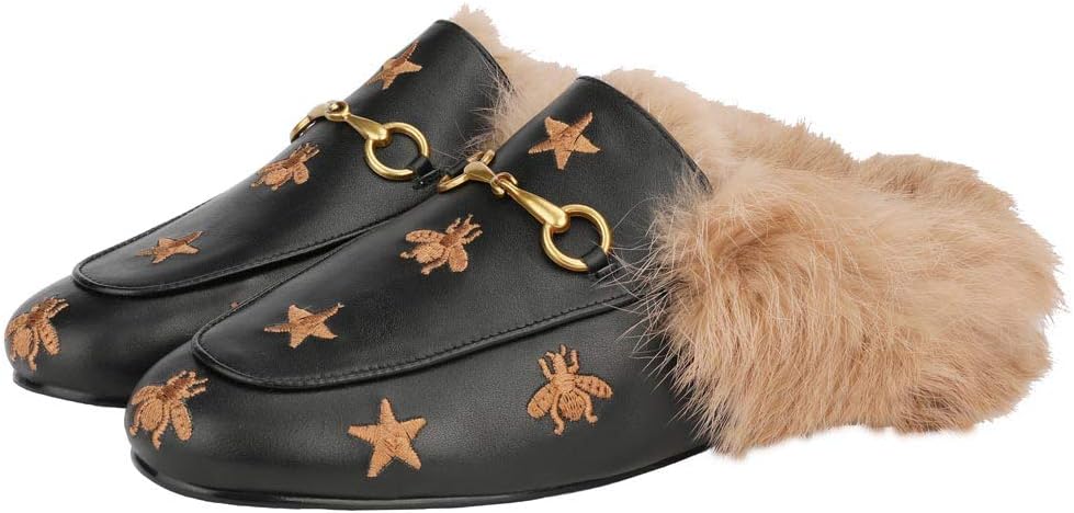 Fur Comfortable Leather Buckle Mules- Black Stars