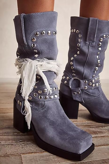 Western-Motorradstiefel mit Plateausohle und klobigem Absatz, wadenlang, Staubblau 