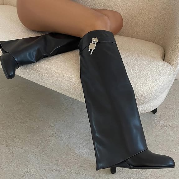 Fold Over Knee High Covered Wedge Heel  Party Boots-Black