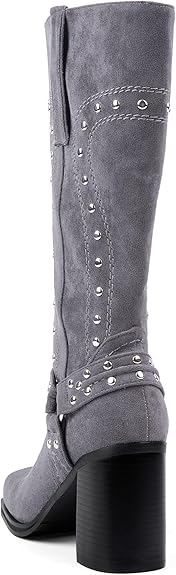 Western-Motorradstiefel mit Plateausohle und klobigem Absatz, wadenlang, Staubblau 