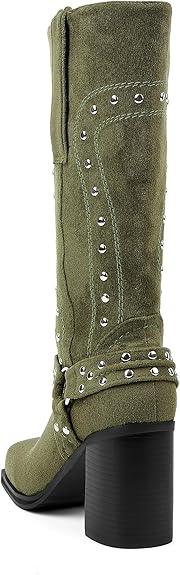 Chunky Heel Mid Calf Western Platform Motorcycle Boots-Green