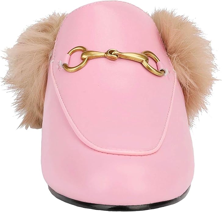 Fur Comfortable Leather Buckle Mules- Pink Fur