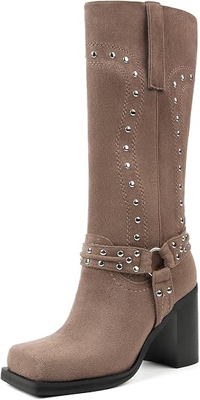 Western-Motorradstiefel mit Plateausohle und klobigem Absatz und mittlerer Wadenhöhe - Taupe 