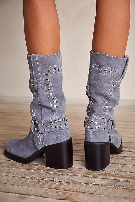 Western-Motorradstiefel mit Plateausohle und klobigem Absatz, wadenlang, Staubblau 