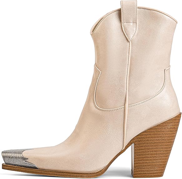 Women's Western  Side Zipper Vintage Cowboy Boot-Beige