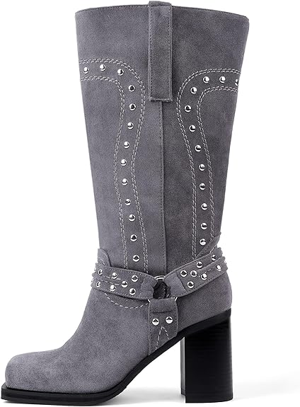 Western-Motorradstiefel mit Plateausohle und klobigem Absatz, wadenlang, Staubblau 
