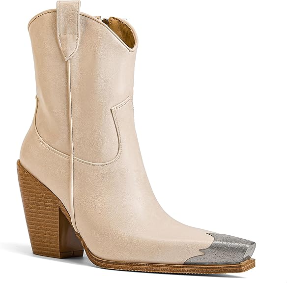 Women's Western  Side Zipper Vintage Cowboy Boot-Beige