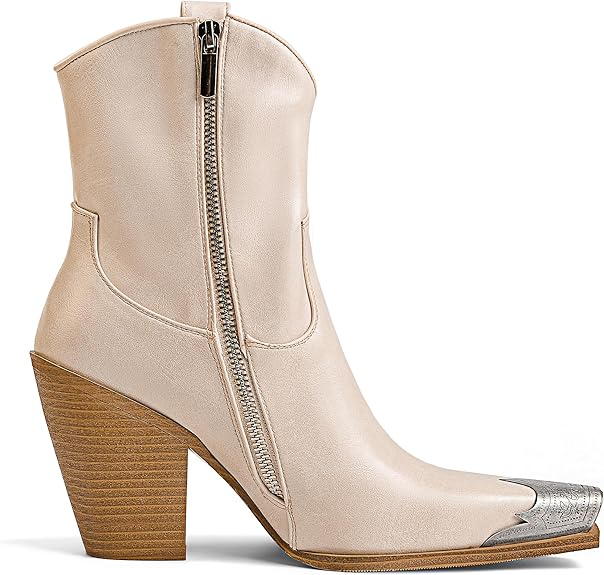 Women's Western  Side Zipper Vintage Cowboy Boot-Beige