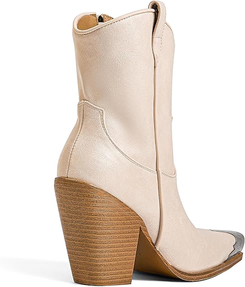 Women's Western  Side Zipper Vintage Cowboy Boot-Beige