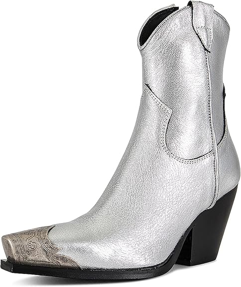 Women's Western  Side Zipper Vintage Cowboy Boot- Silver