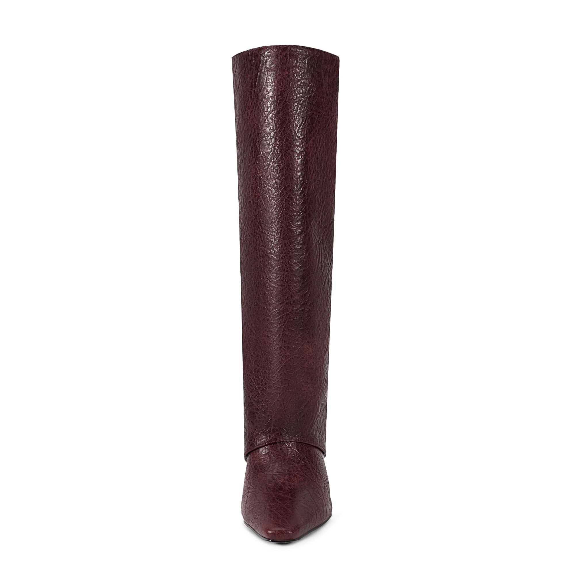 Burgundy Knee High Boots Pointed Toe Zipper Detail High Heel Foldover Boots-Burgundy