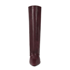 Burgundy Knee High Boots Pointed Toe Zipper Detail High Heel Foldover Boots-Burgundy