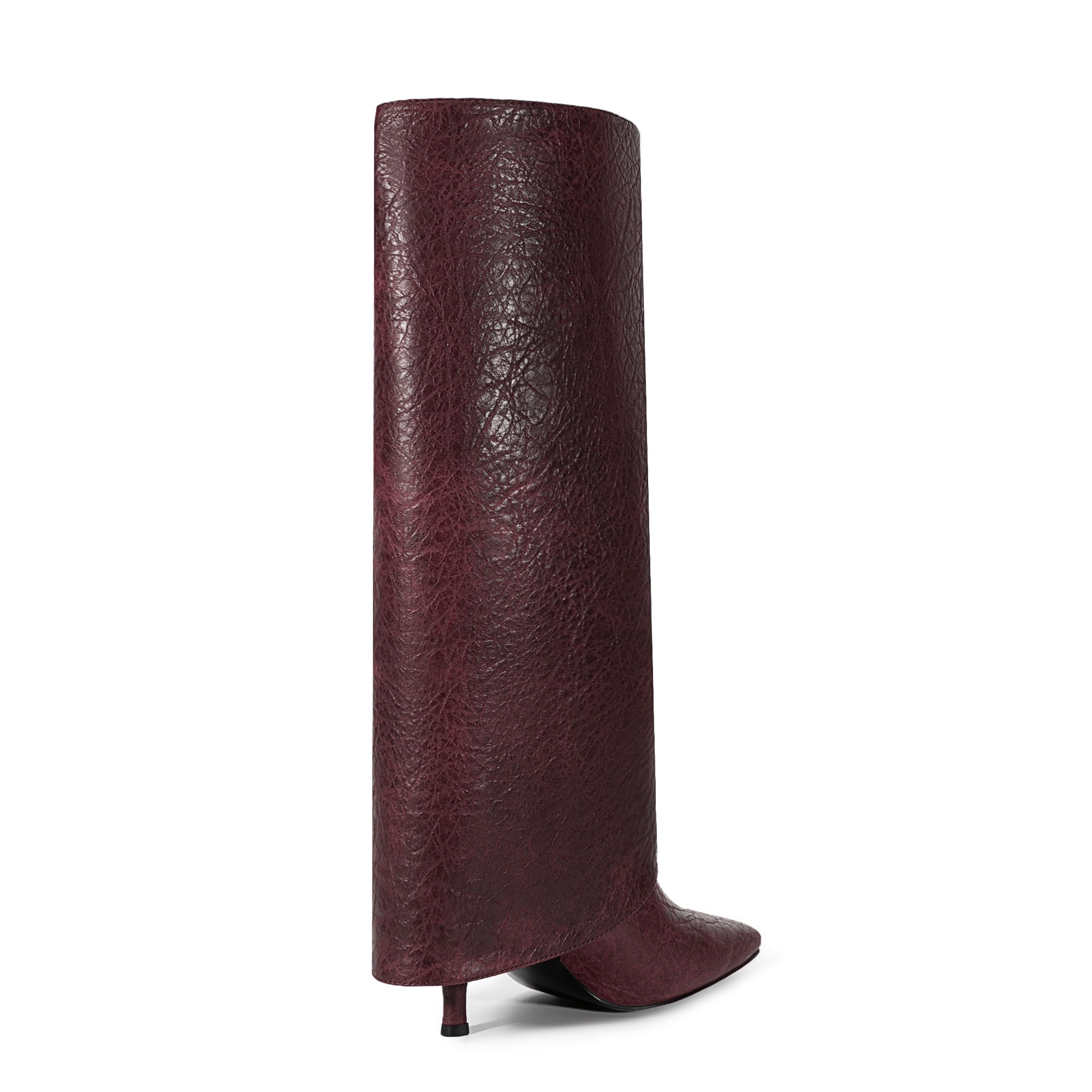 Burgundy Knee High Boots Pointed Toe Zipper Detail High Heel Foldover Boots-Burgundy
