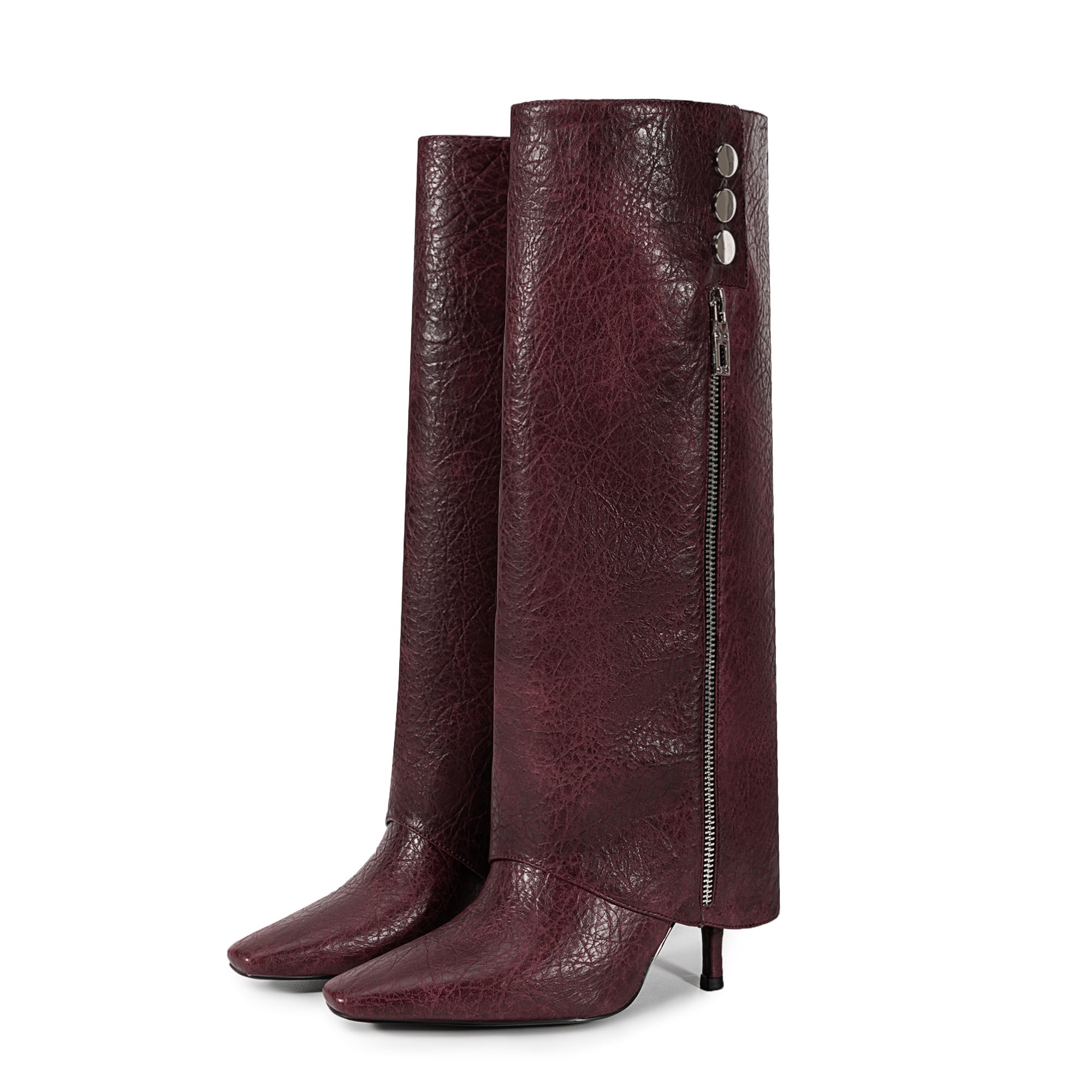 Burgundy Knee High Boots Pointed Toe Zipper Detail High Heel Foldover Boots-Burgundy