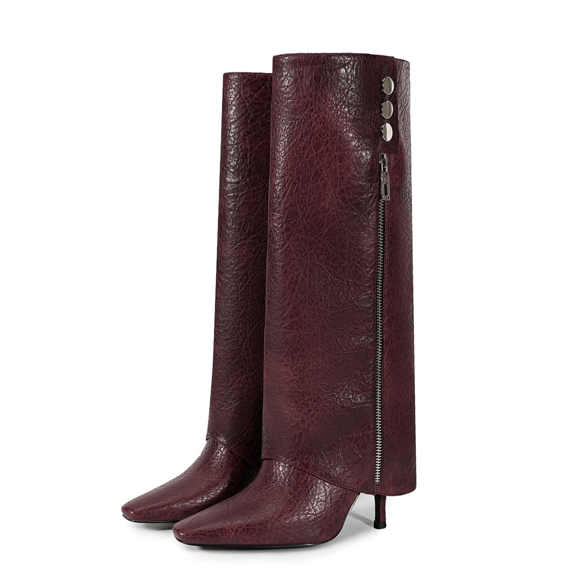 Burgundy Knee High Boots Pointed Toe Zipper Detail High Heel Foldover Boots-Burgundy