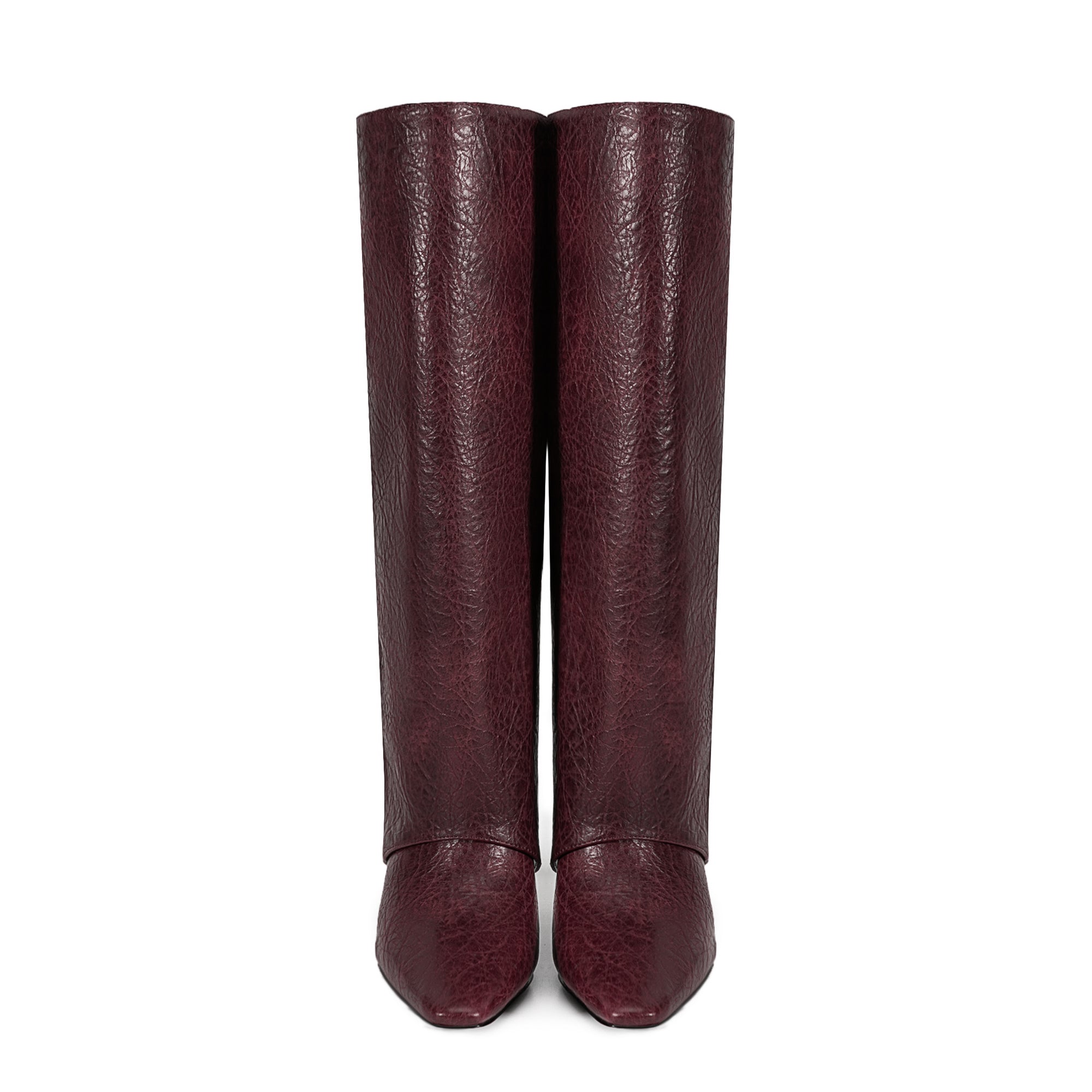 Burgundy Knee High Boots Pointed Toe Zipper Detail High Heel Foldover Boots-Burgundy