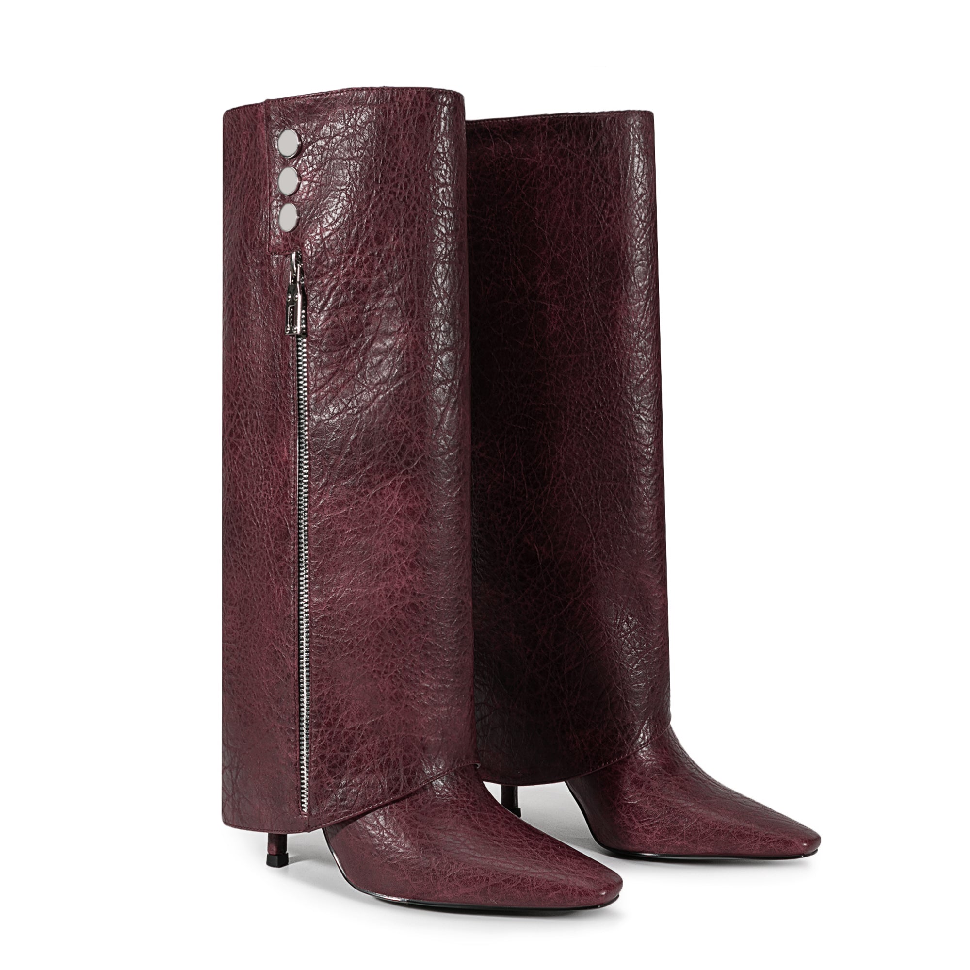 Burgundy Knee High Boots Pointed Toe Zipper Detail High Heel Foldover Boots-Burgundy