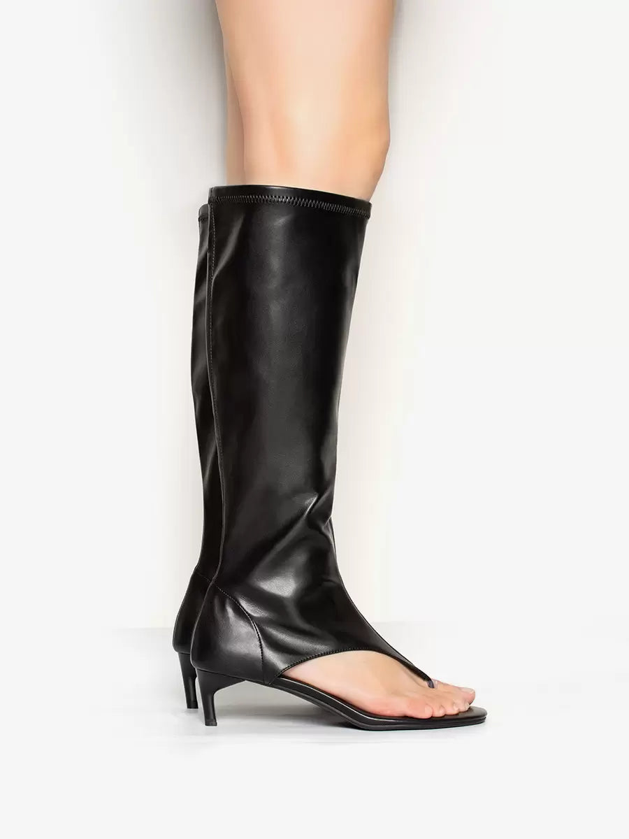 Mid Calf Boots Women's Open Toe Flip Flop Kitten Heel Elastic Sandal Boots