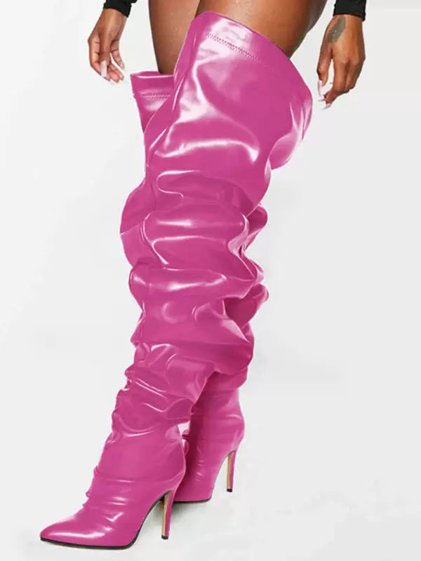 Women's Wide Slouch Pleated Thigh High Heel Boots