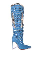 AZALEA WANG ZINNIA EMBELLISHED KNEE HIGH STILETTO BOOT IN DENIM
