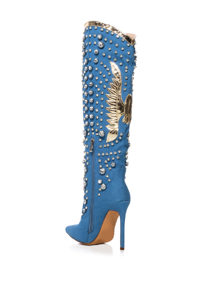 AZALEA WANG ZINNIA EMBELLISHED KNEE HIGH STILETTO BOOT IN DENIM