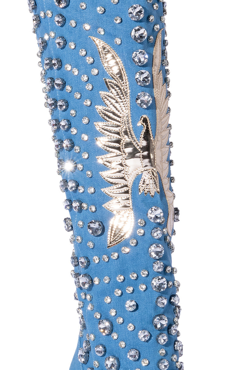 AZALEA WANG ZINNIA EMBELLISHED KNEE HIGH STILETTO BOOT IN DENIM