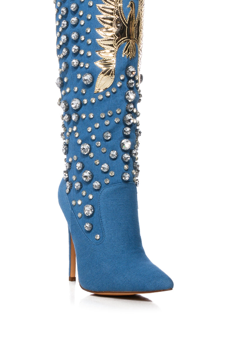 AZALEA WANG ZINNIA EMBELLISHED KNEE HIGH STILETTO BOOT IN DENIM
