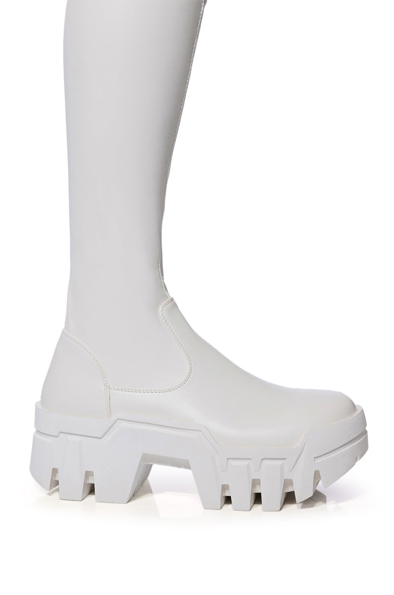 AZALEA WANG FAVORED STRETCH PU THIGH HIGH BOOT IN WHITE