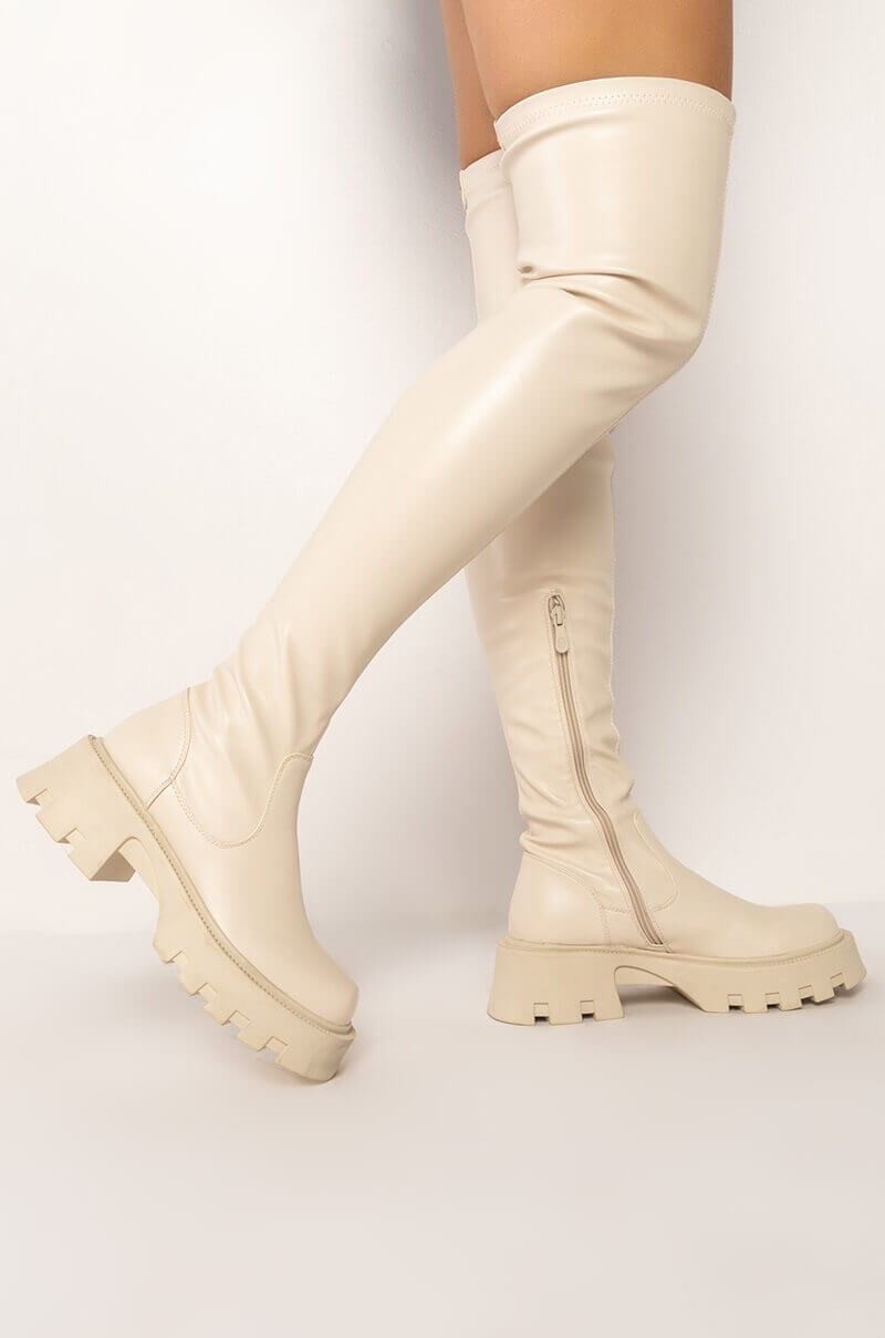 AZALEA WANG MILLY THIGH HIGH FLATFORM BOOT IN BONE STRETCH