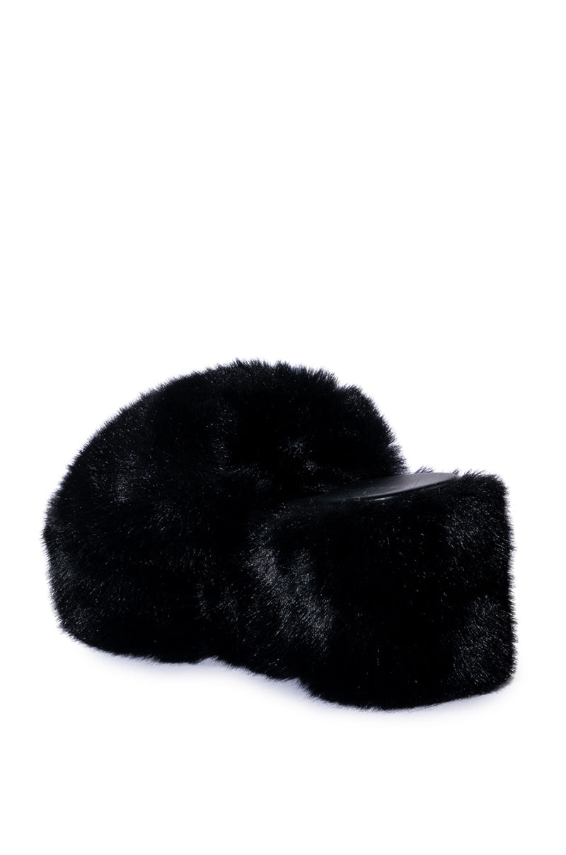 AZALEA WANG MINNA FUR FLATFORM SANDAL IN BLACK
