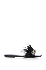 AZALEA WANG FEATHER FLAT SANDAL IN BLACK