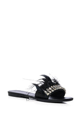 AZALEA WANG FEATHER FLAT SANDAL IN BLACK