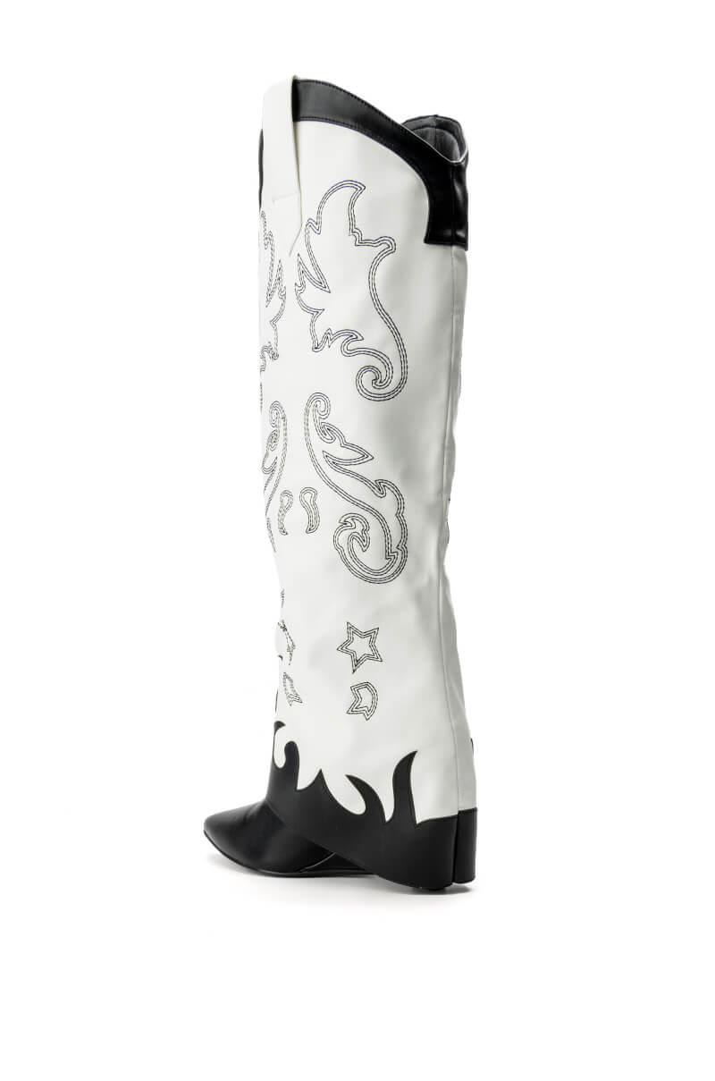 AZALEA WANG OUTLAND WESTERN WEDGE BOOT IN BLACK WHITE