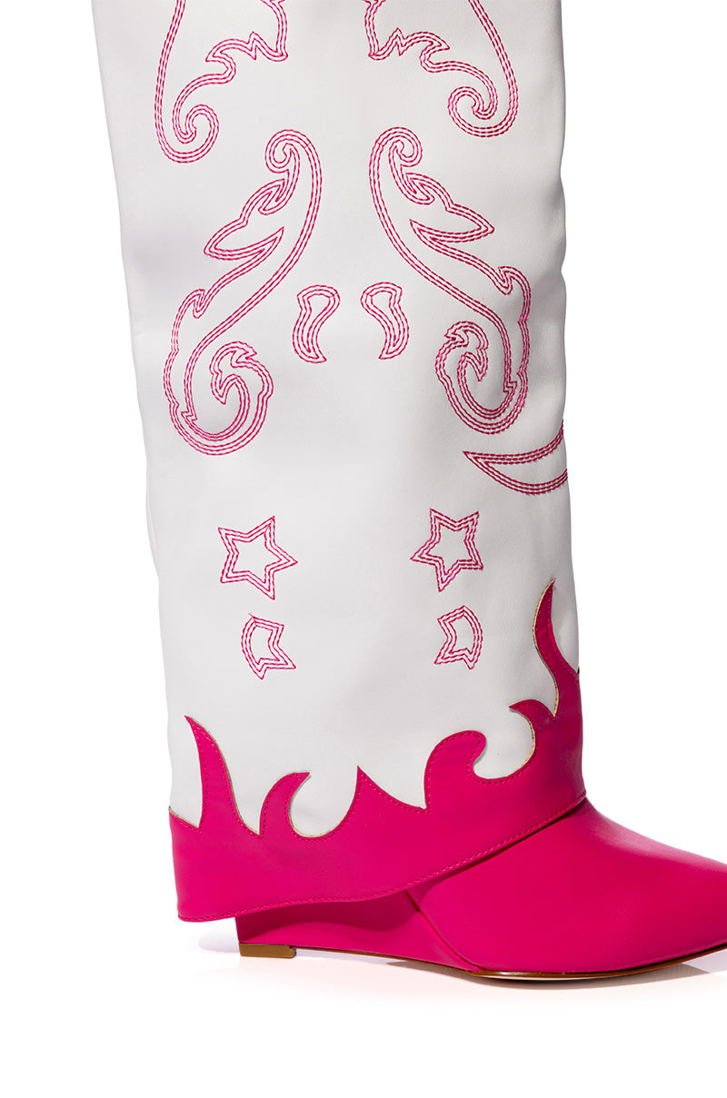 AZALEA WANG OUTLAND WESTERN WEDGE BOOT IN FUCHSIA WHITE