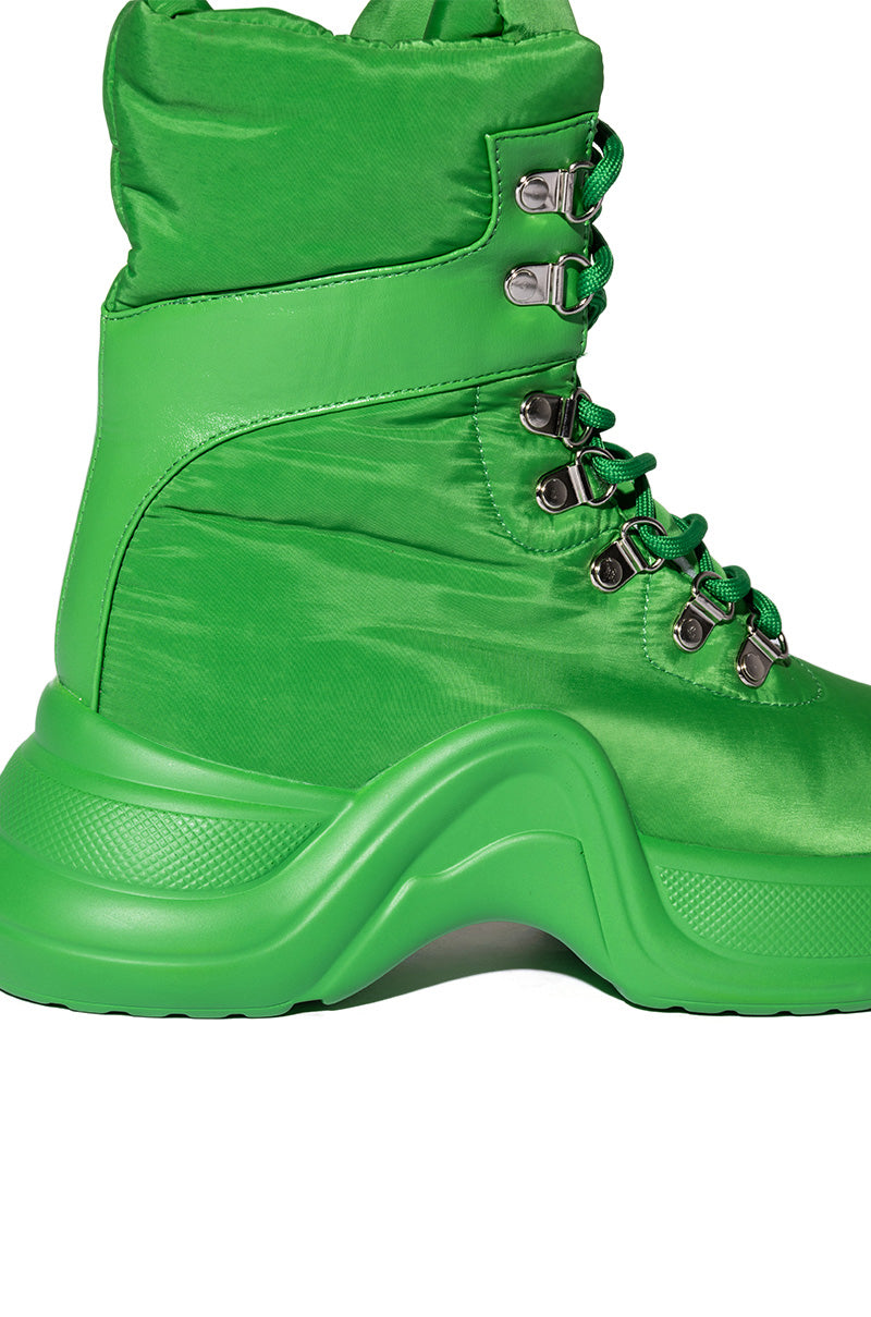 AZALEA WANG SKYLAR EDGY LACE UP BOOTIE IN GREEN