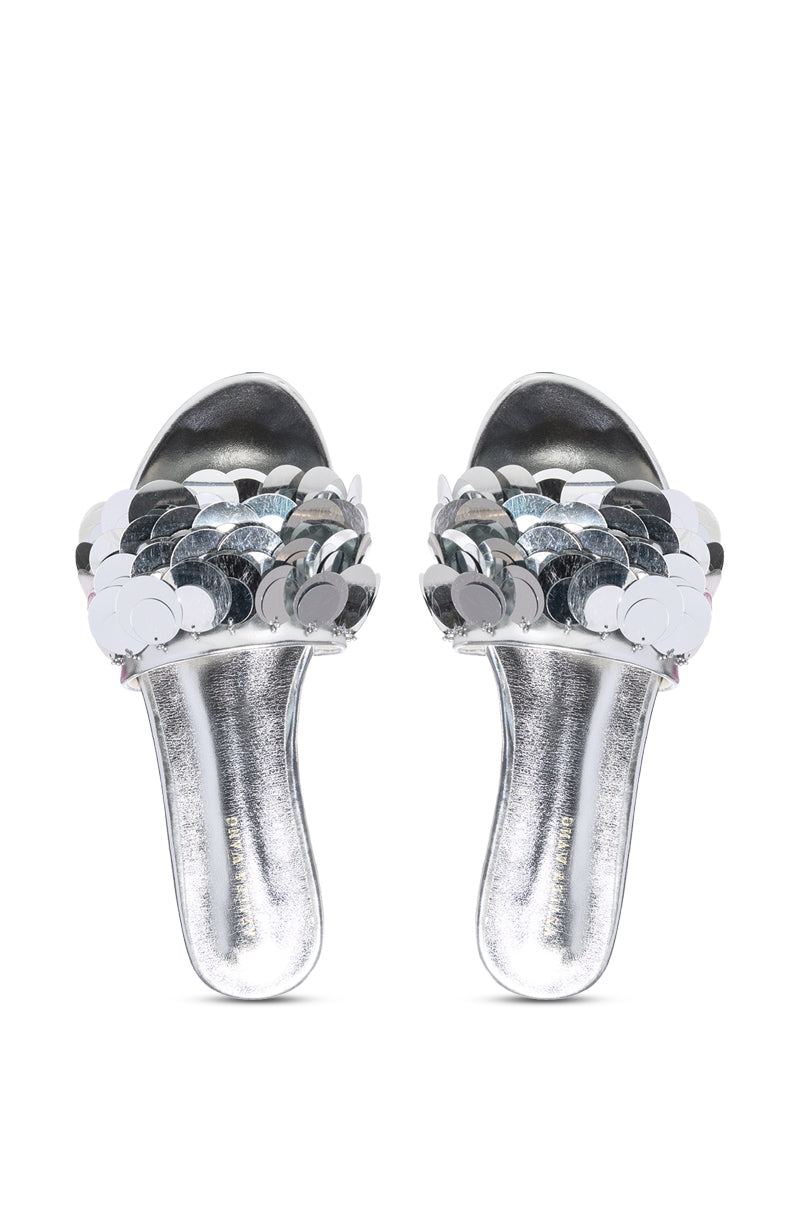 AZALEA WANG TACHI EMBELLISHED FLAT SANDAL IN SILVER