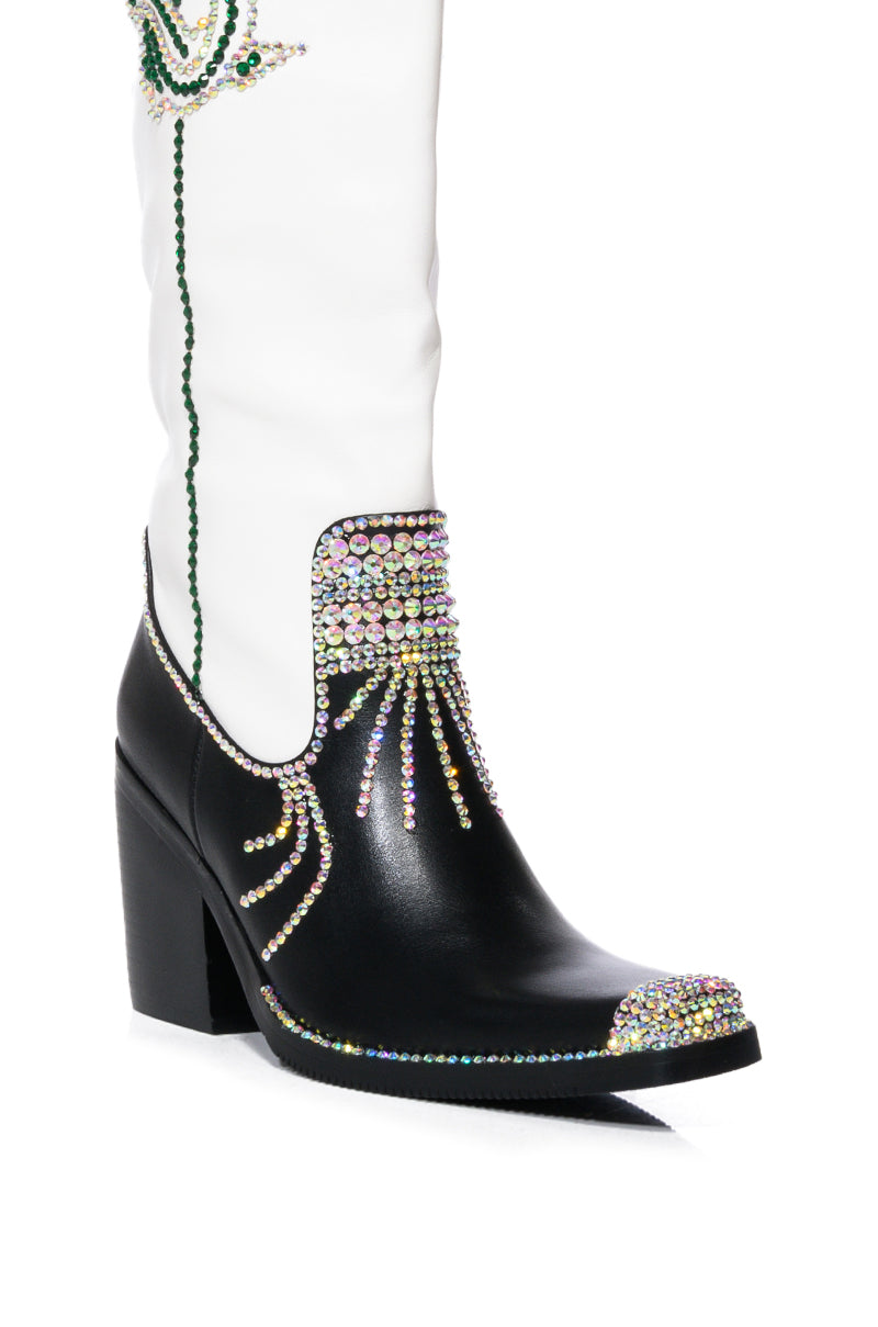 AZALEA WANG PALM BLACK AND WHITE PU WESTERN BOOT