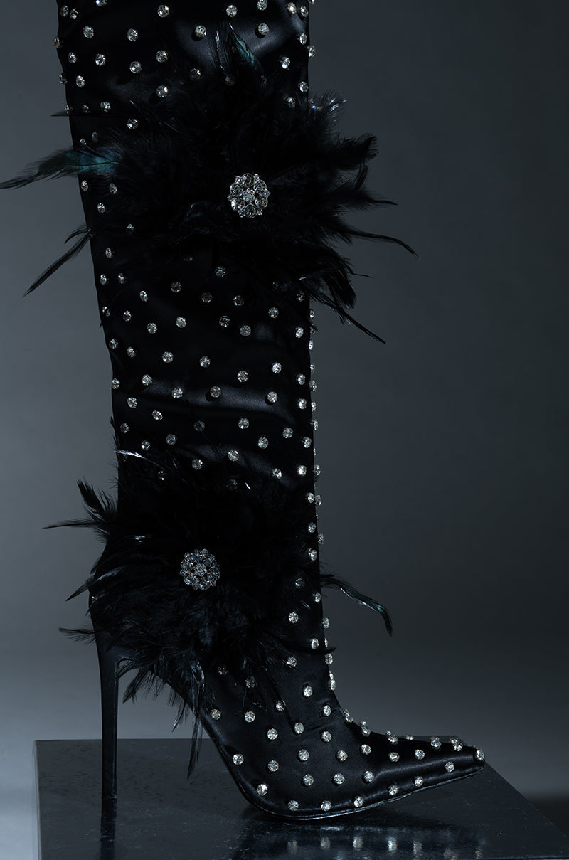 AZALEA WANG TARYN BLACK SATIN FEATHER FLOWER THIGH HIGH BOOT